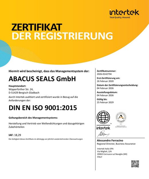 ISO 9001:2015 Zertifikat der Abacus Seals GmbH, ausgestellt von Intertek