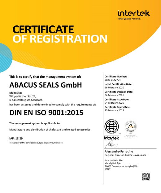 ISO 9001:2015 certificate of Abacus Seals GmbH, issued by Intertek